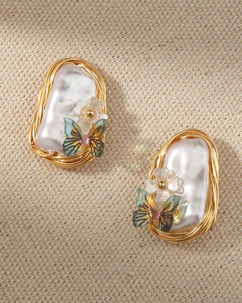 

1Pair Butterfly Decor Beaded Earrings, Gold