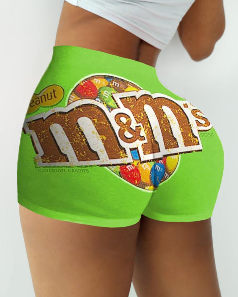 

Letter Cartoon Print High Waist Casual Shorts, Green