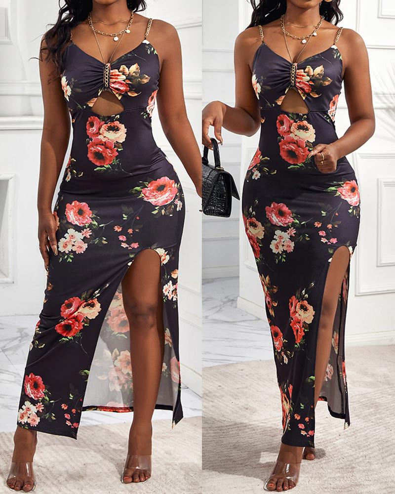 

Floral Print Chain Decor Cutout High Slit Dress, Black
