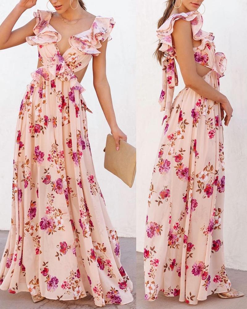 

Floral Print Ruffle Hem Backless Maxi Dress, Multicolor