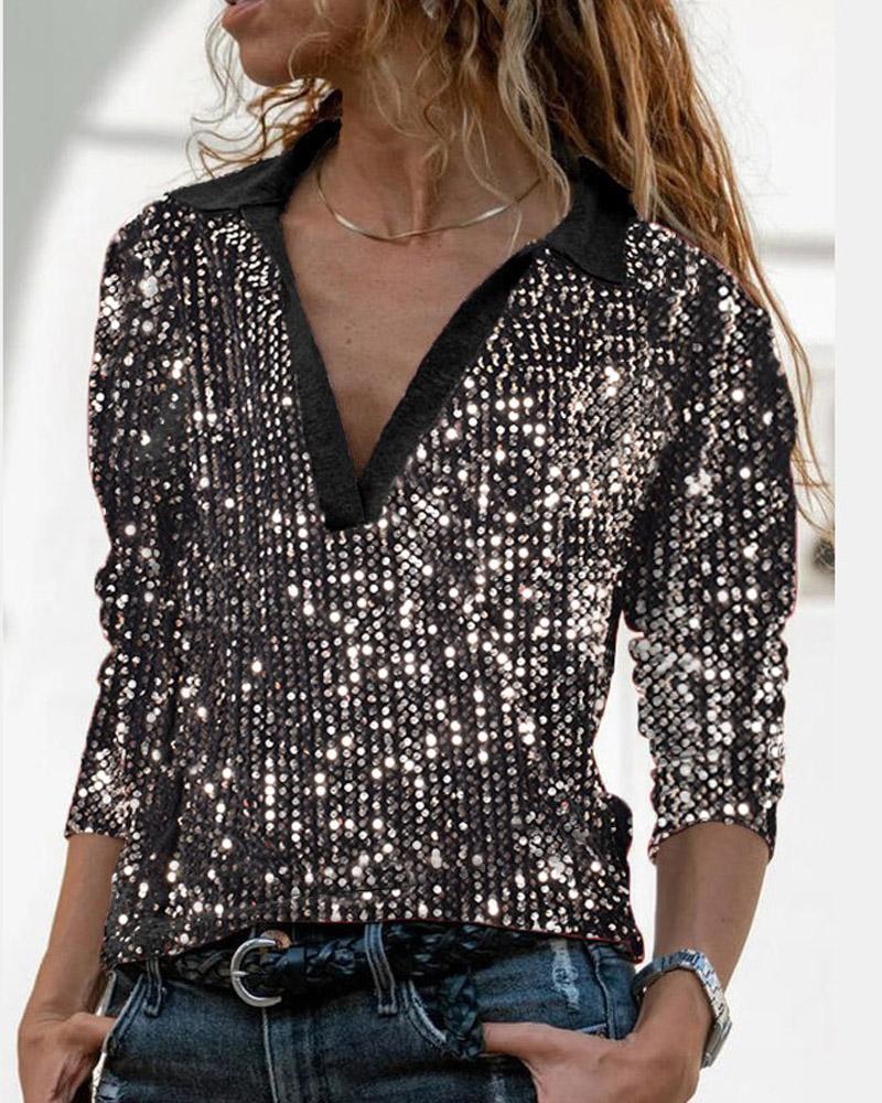 

Long Sleeve V-Neck Sequin Top, Black