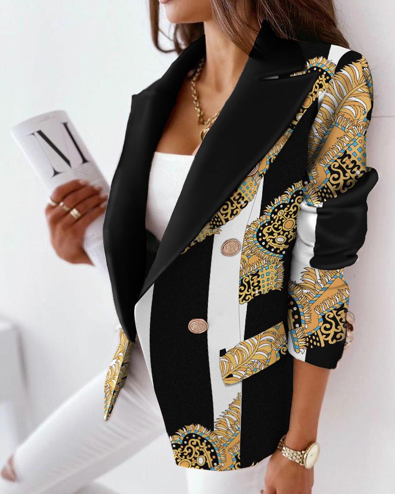 

Scarf Print Lapel Collar Flap Detail Double Breasted Blazer, Multicolor