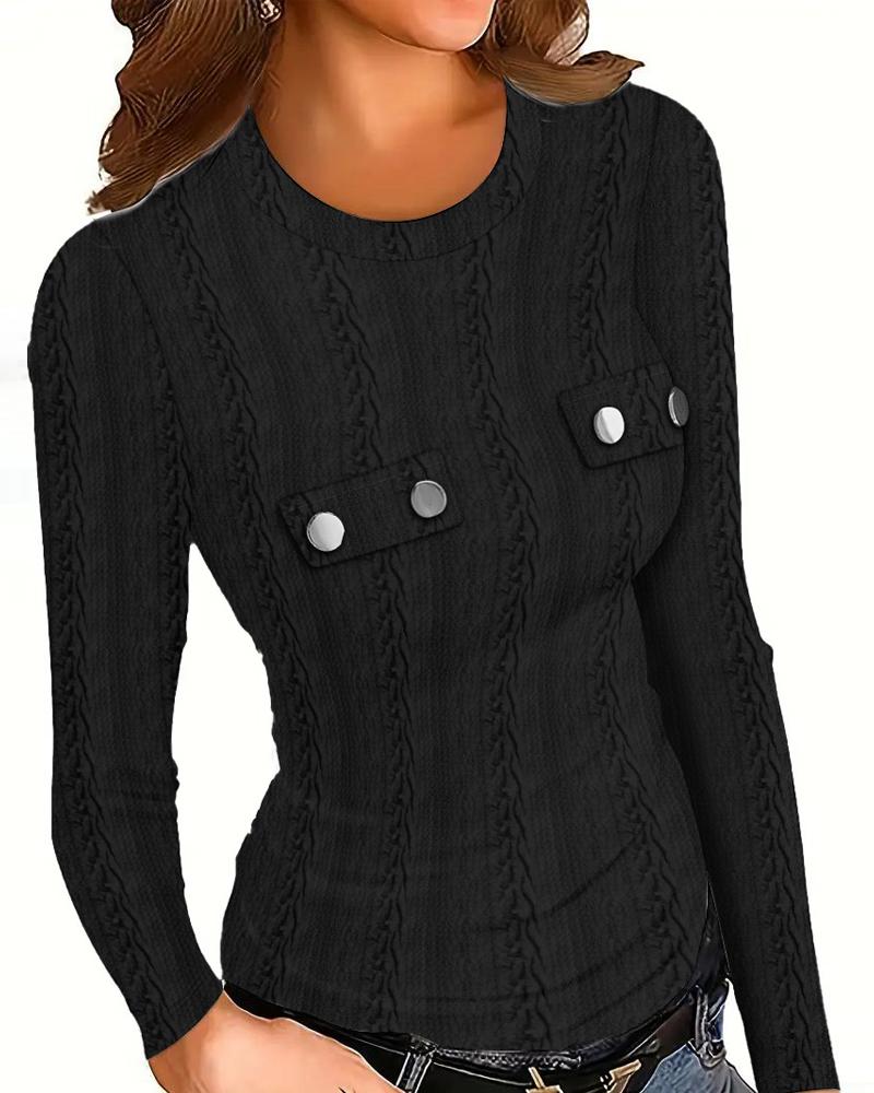 

Round Neck Long Sleeve Buttoned Textured Top, Black