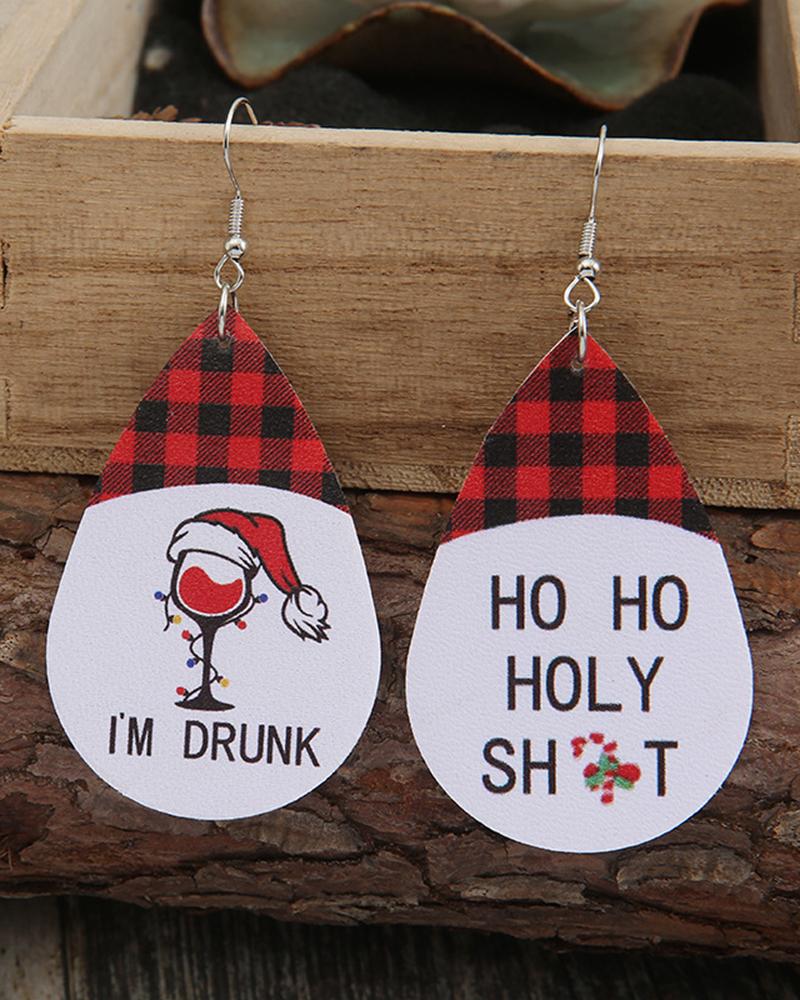 

1Pair Christmas Wine Glass Print Waterdrop Earrings, Red