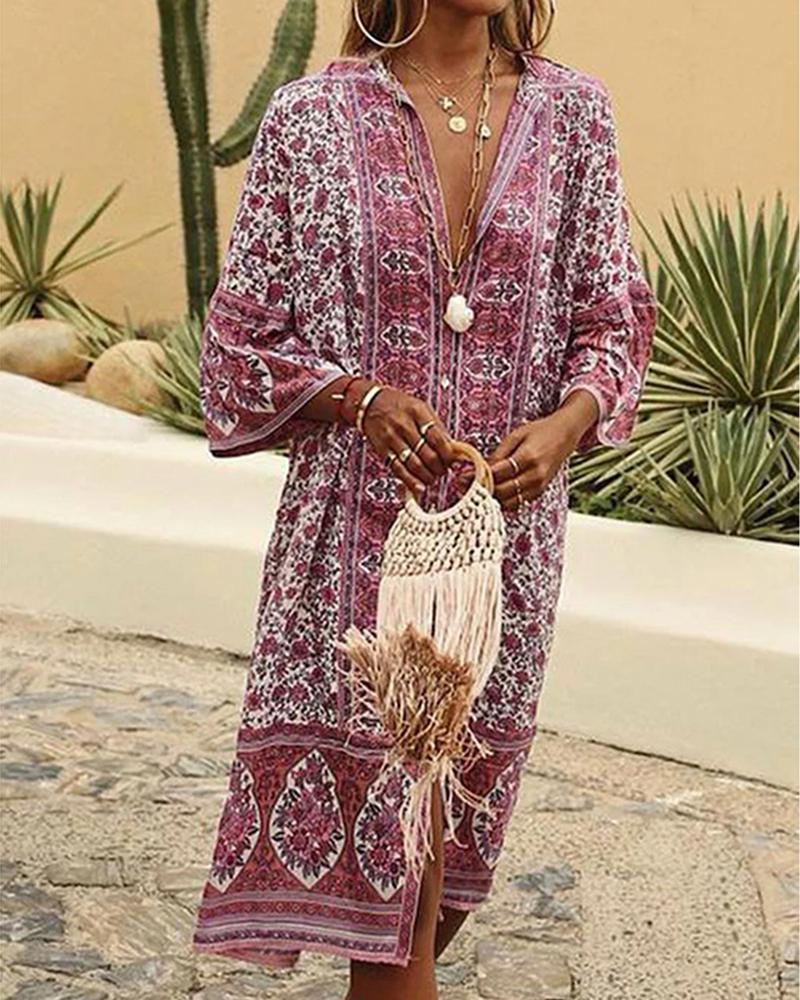 

Boho Style All Over Print Three Quarter Length Sleeve Midi Dress, Purple