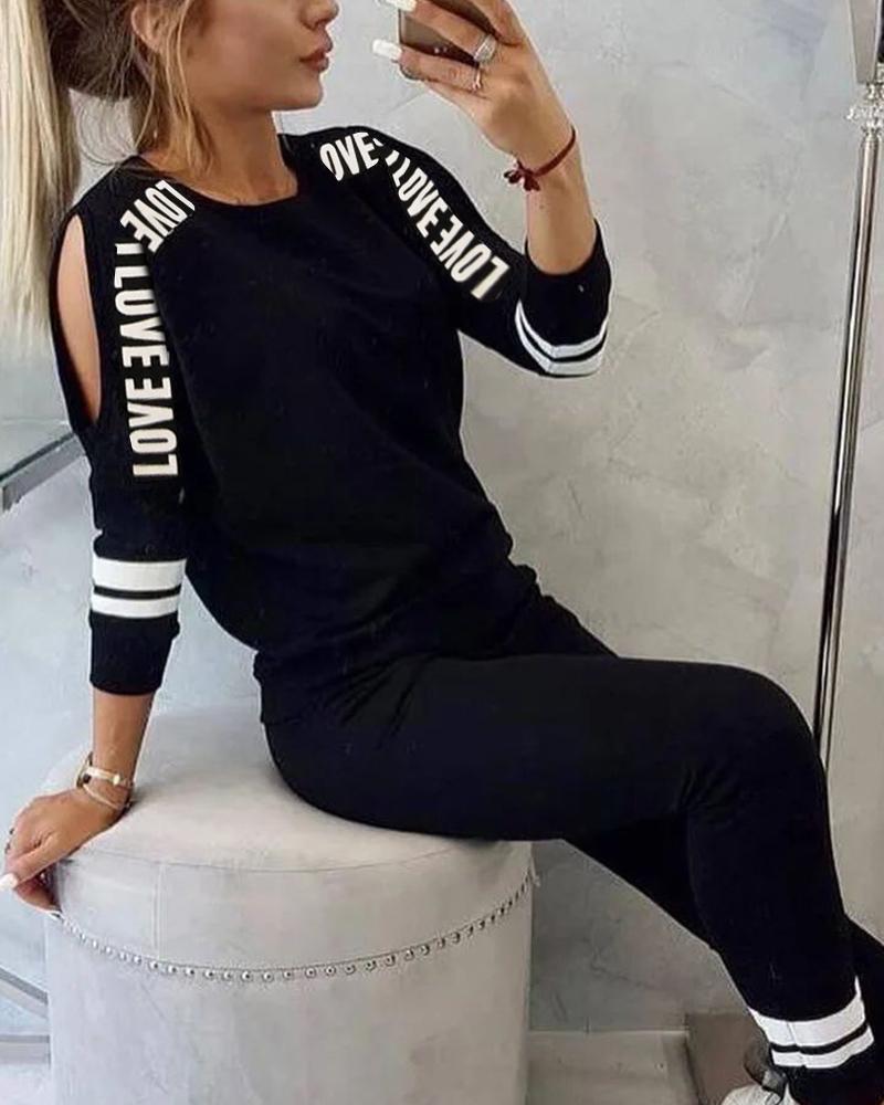 

Letter Print Cold Shoulder Top & Pants Set, Blackwhite