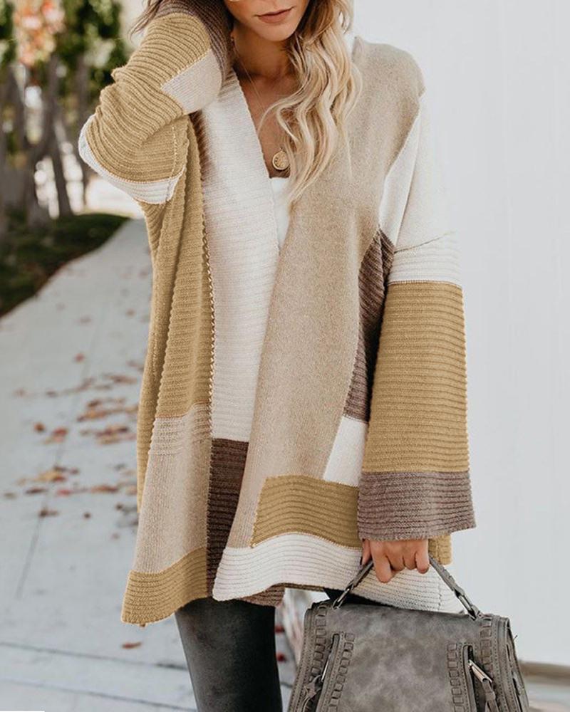 

Colorblock Long Sleeve Open Front Cardigan, Khaki