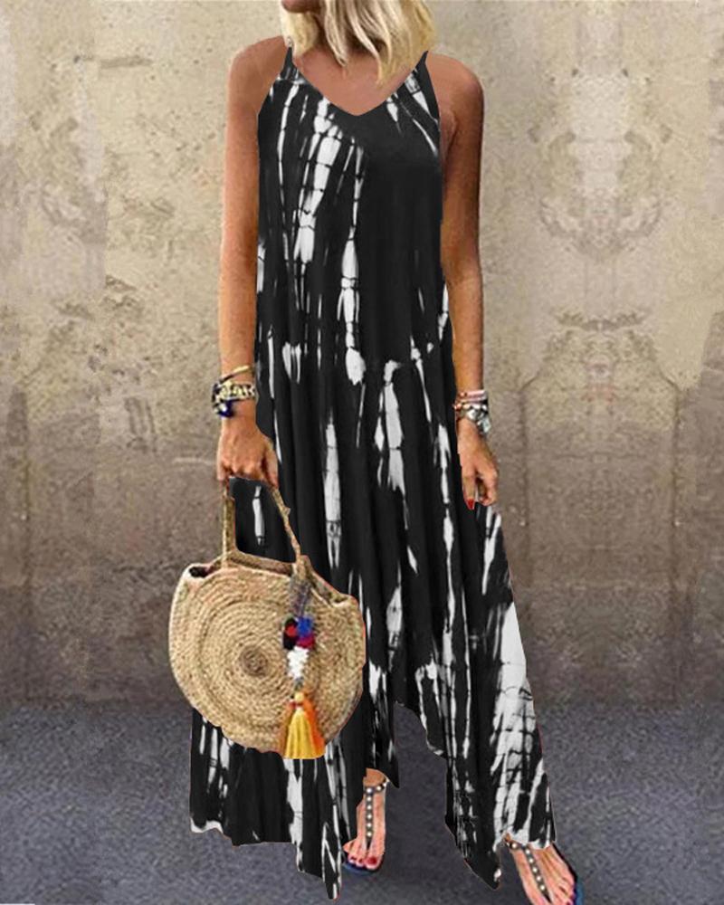 

Plus Size Tie Dye Print Pocket Detail Slit Casual Dress, Black