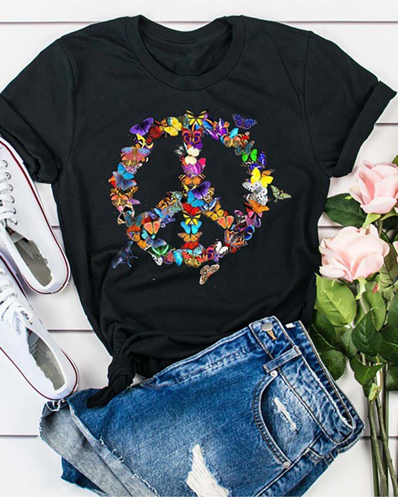 

Butterfly Print Short Sleeve Casual T-shirt, Black