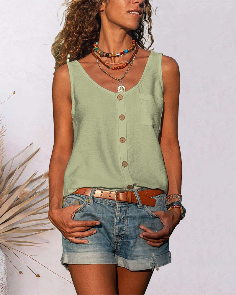

Pocket Button Decor Casual Tank Top, Light green