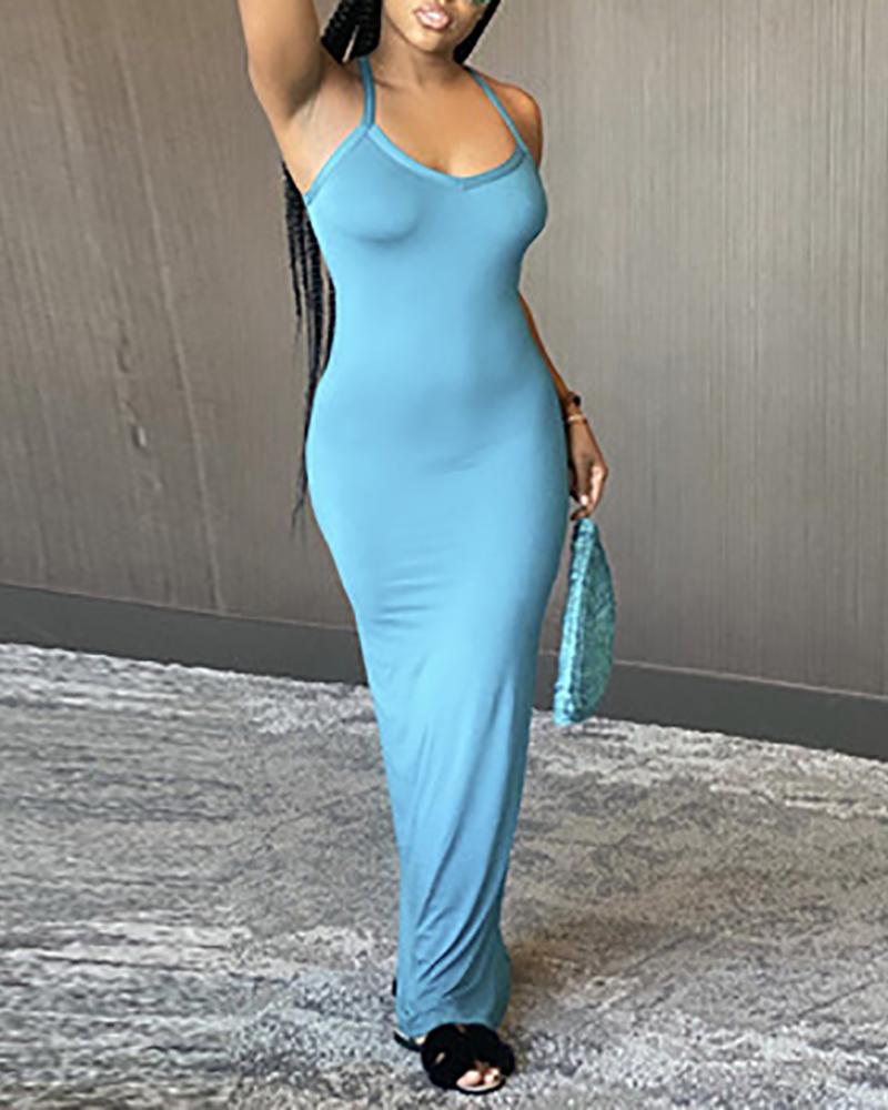 

Crisscross Backless Halter Sleeveless Maxi Dress, Blue