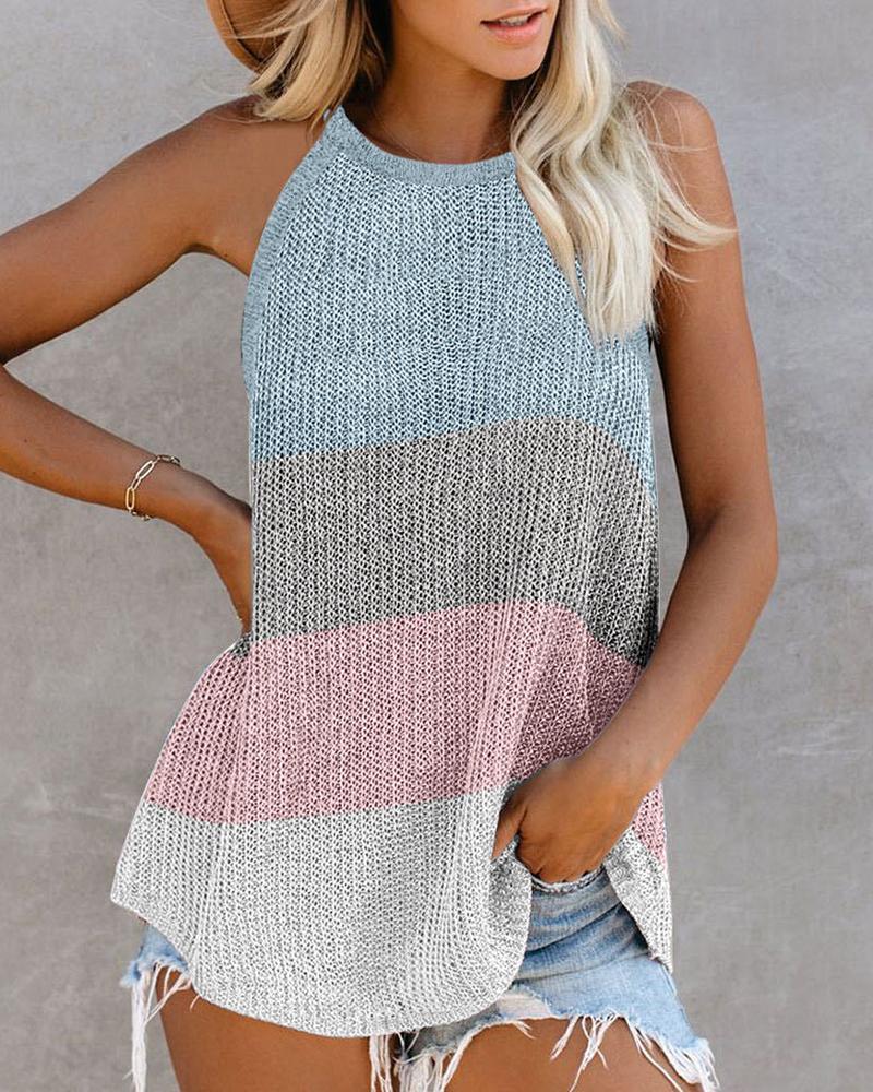 

Colorblock / Plain Knitted U-Neck Sleeveless Top, Lighted blue