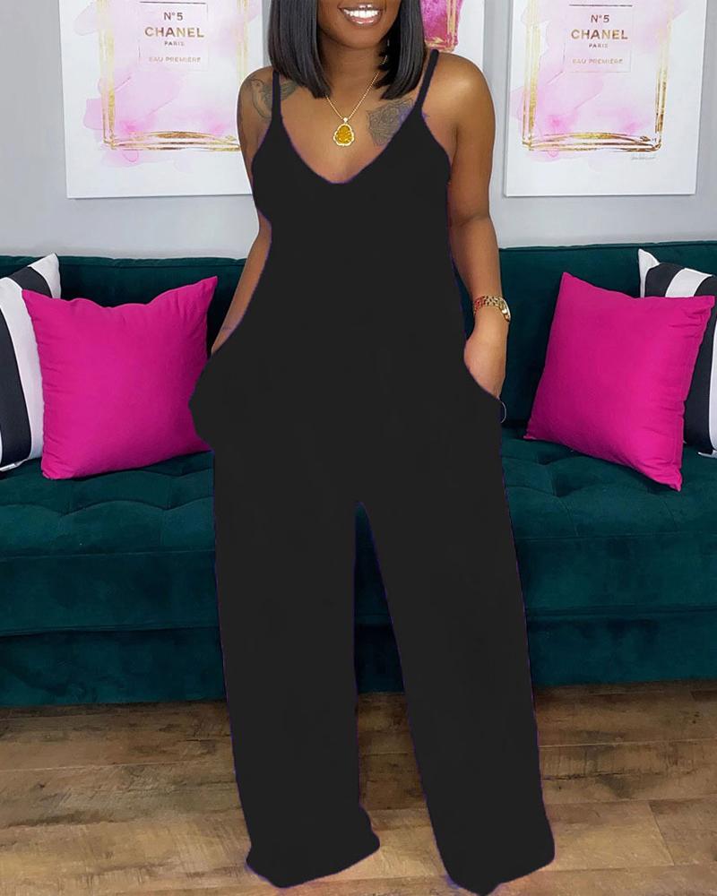 

V-Neck Pocket Detail Spaghetti Strap Jumpsuit, Black