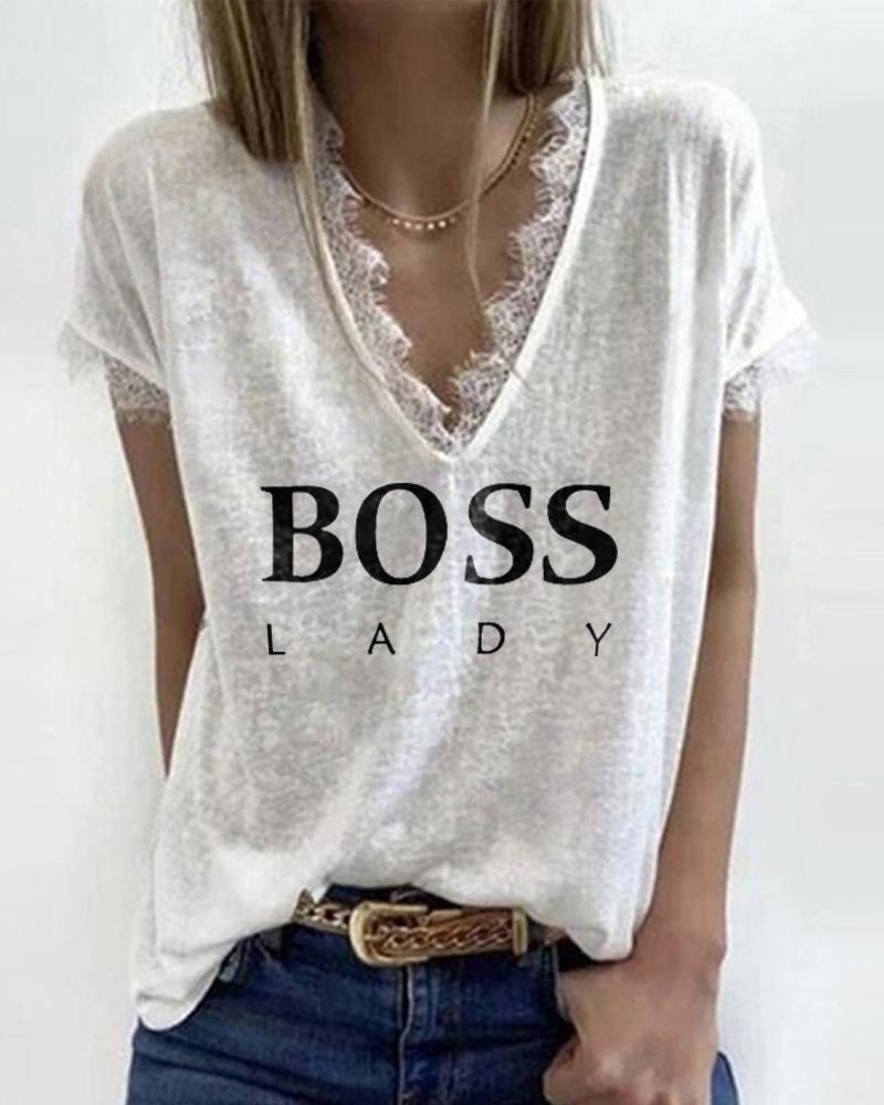 

Letter Print Colorblock Lace Trim T-Shirt, White