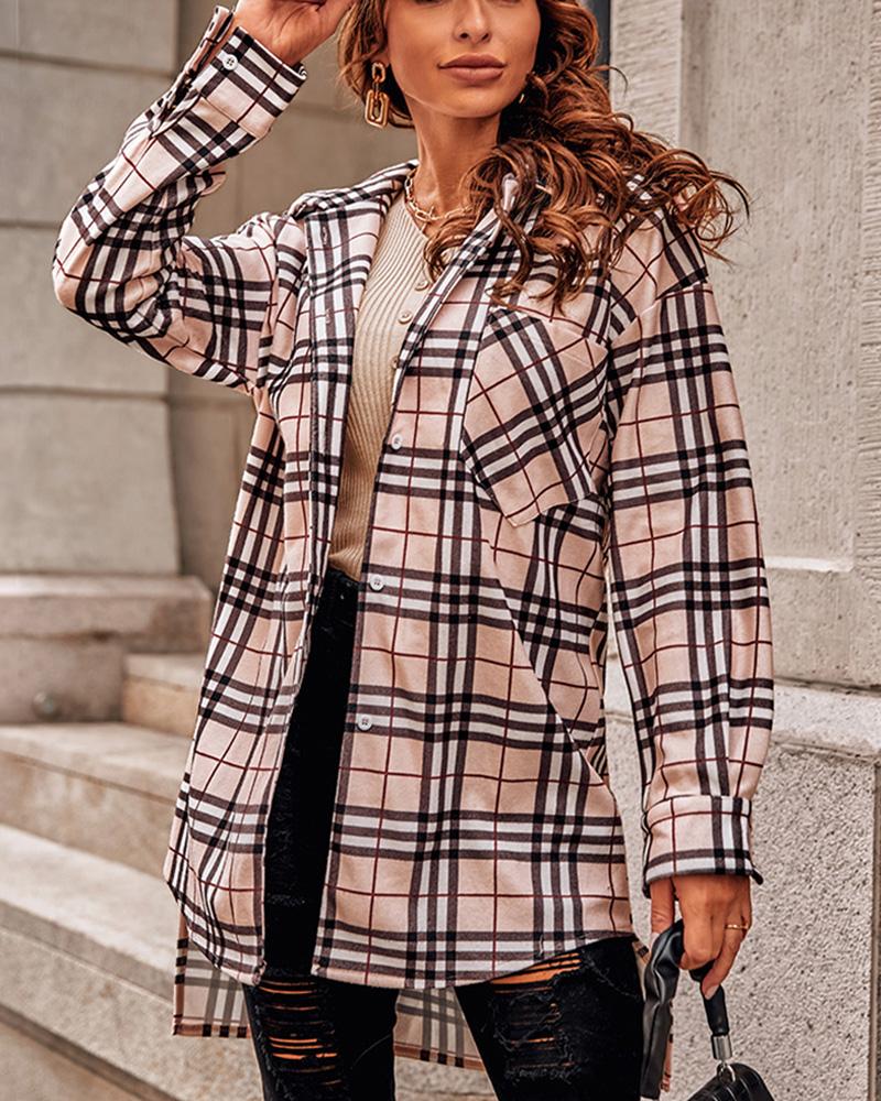 

Long Sleeve Plaid Print Button Design Slit Shacket, Khaki