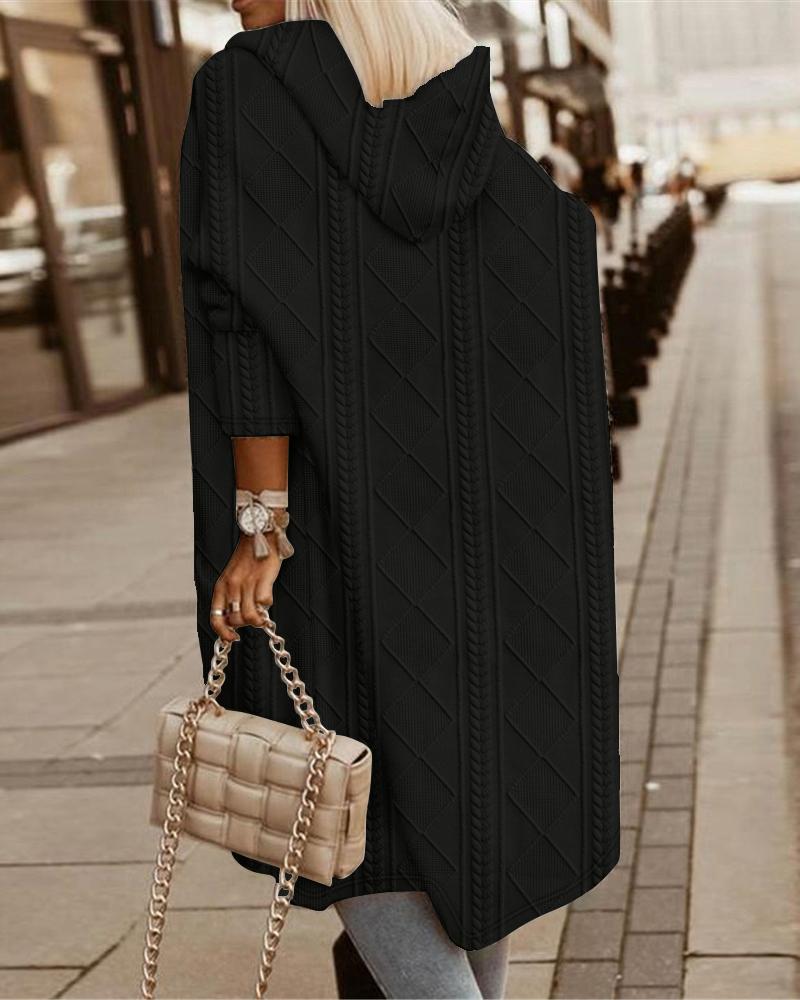 

Cable Textured Hooded Longline Coat, Black