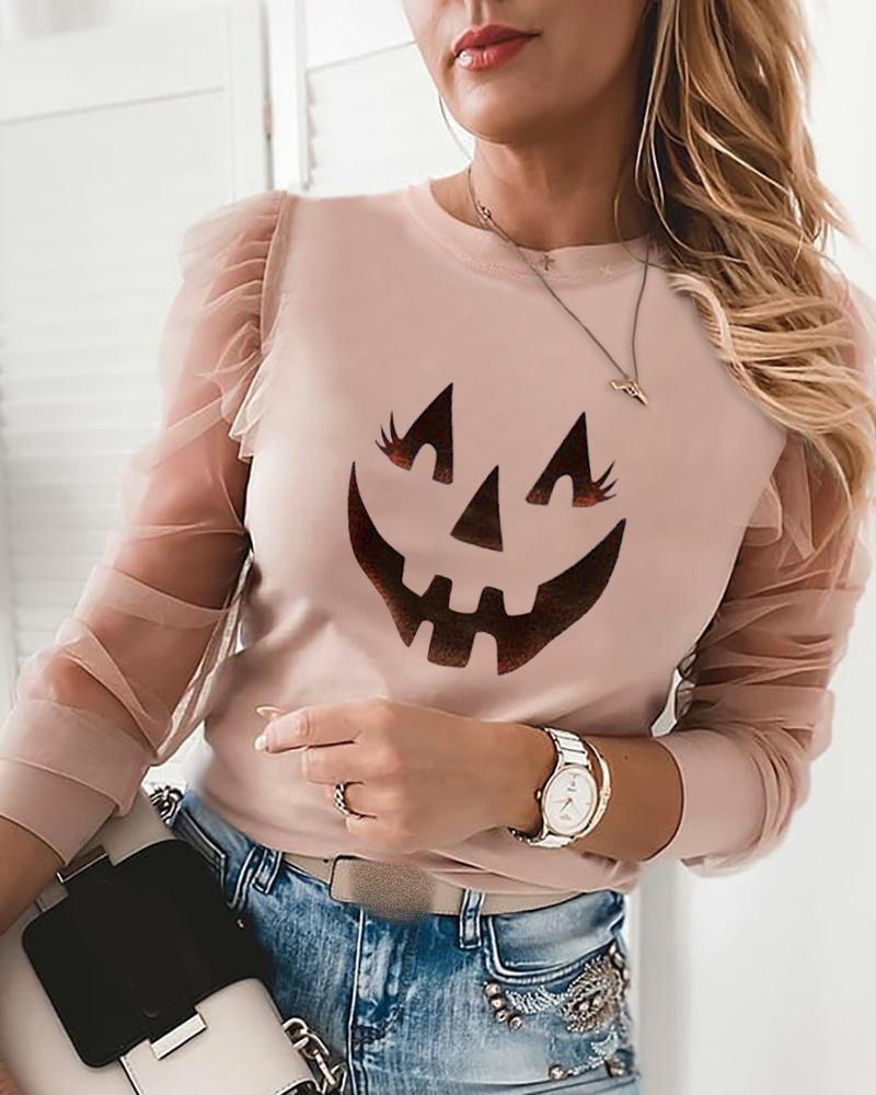 

Halloween Print Contrast Mesh Long Sleeve Top, Pink