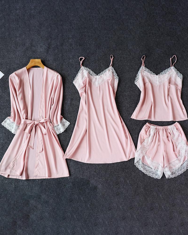 

Lace Patch Nightgown & Cami Set With Robe, Pink