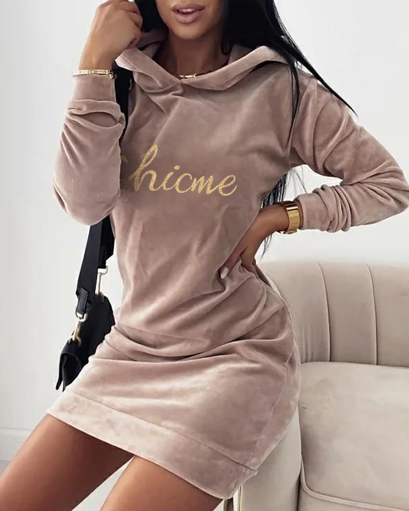 

ChicMe Velvet Letter Print Hooded Sweatshirt Dress, Coffee