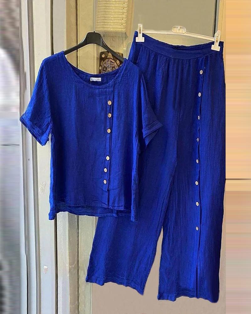 

Button Decor Casual Top & Pants Set, Blue