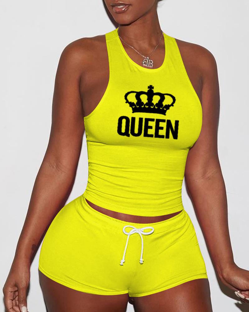 

Letter Crown Print Drawstring Active Set, Yellow