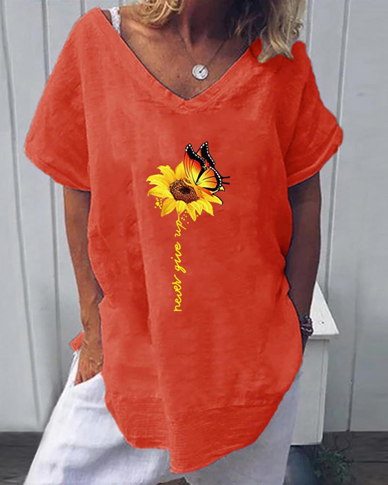 

Sunflower Butterfly Print Letter Pattern Casual T-shirt, Orange