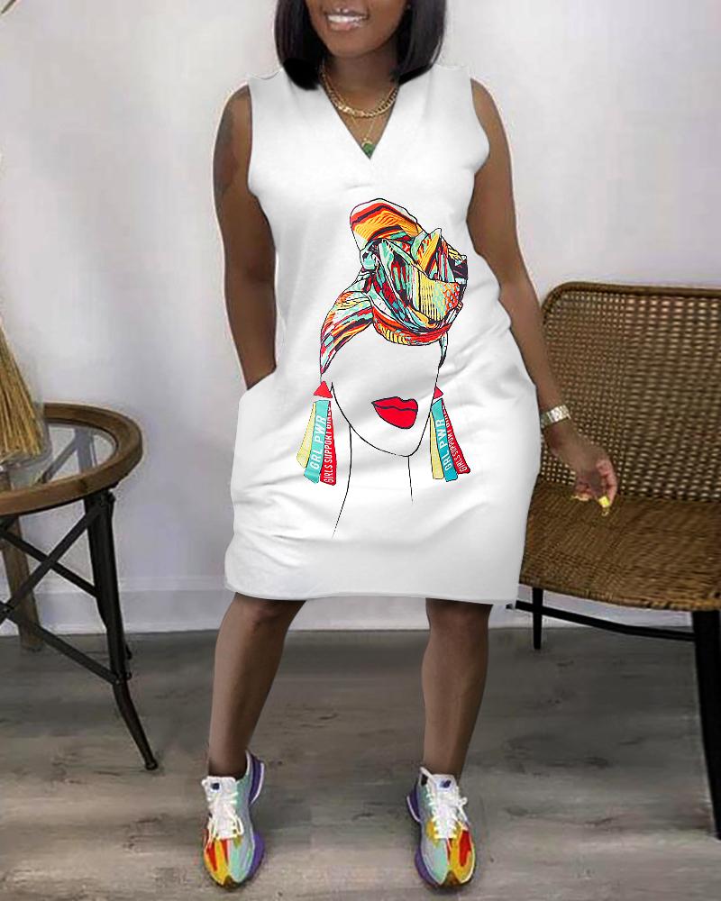

Sleeveless Pocket Design V-Neck Figure Print Dress, White