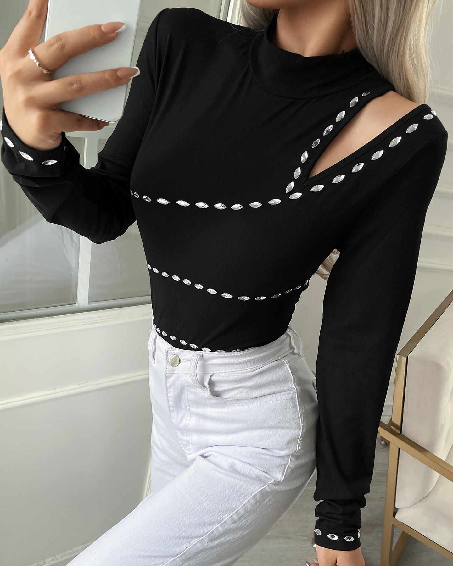 

Studded Cold Shoulder Long Sleeve Blouse, Black