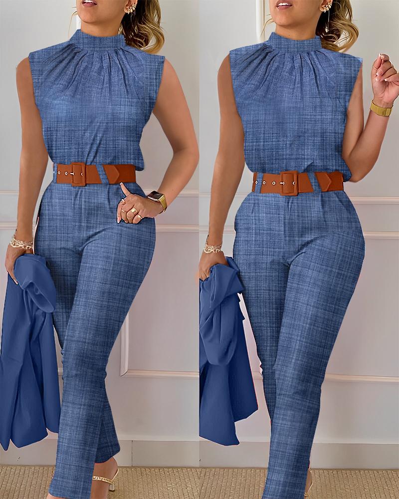 

Denim Look Print Ruched Top & High Waist Pants Set, Blue