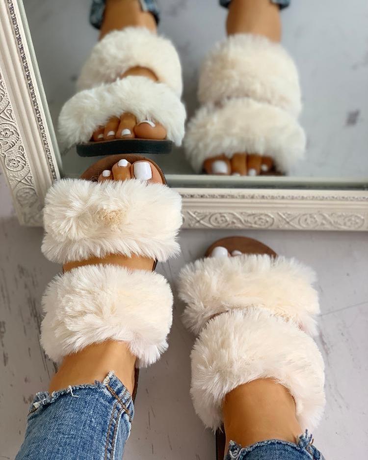 

Fluffy Design Open Toe Flat Shoes, Beige