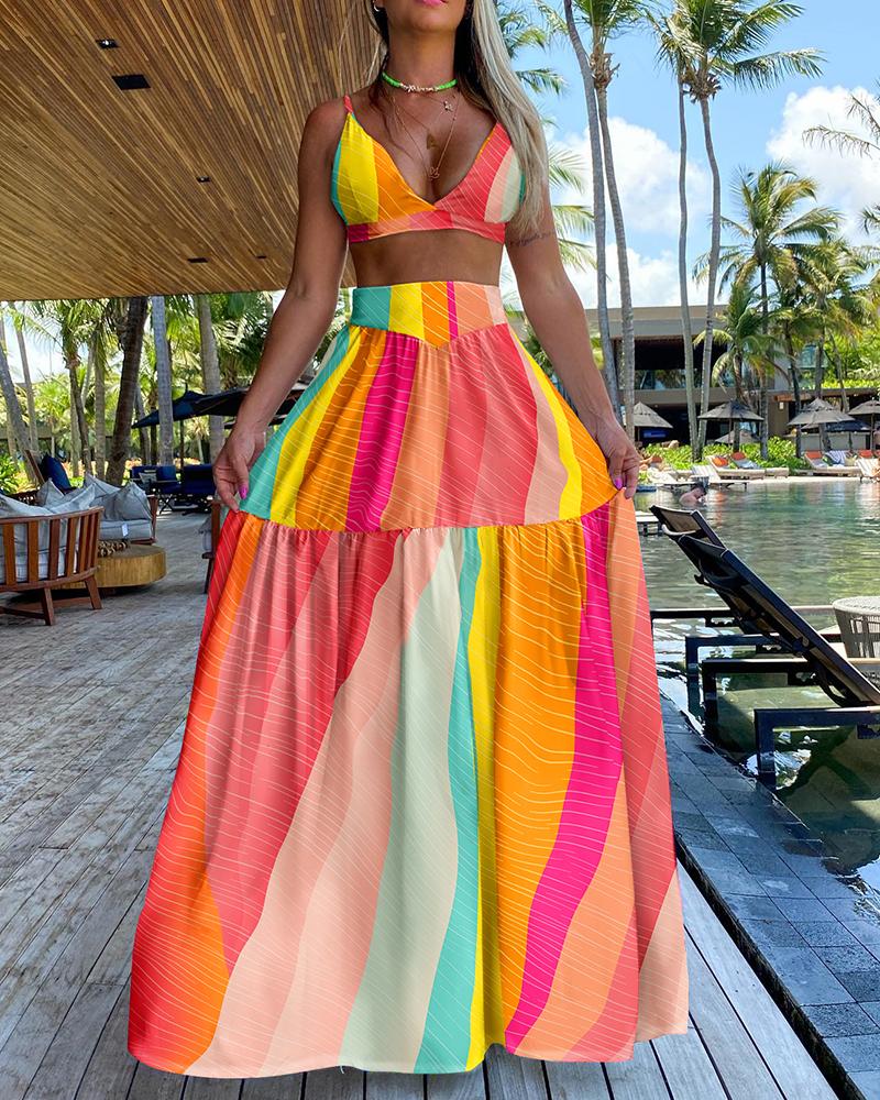

Colorblock Crop Top & Maxi Skirt Set, Multicolor