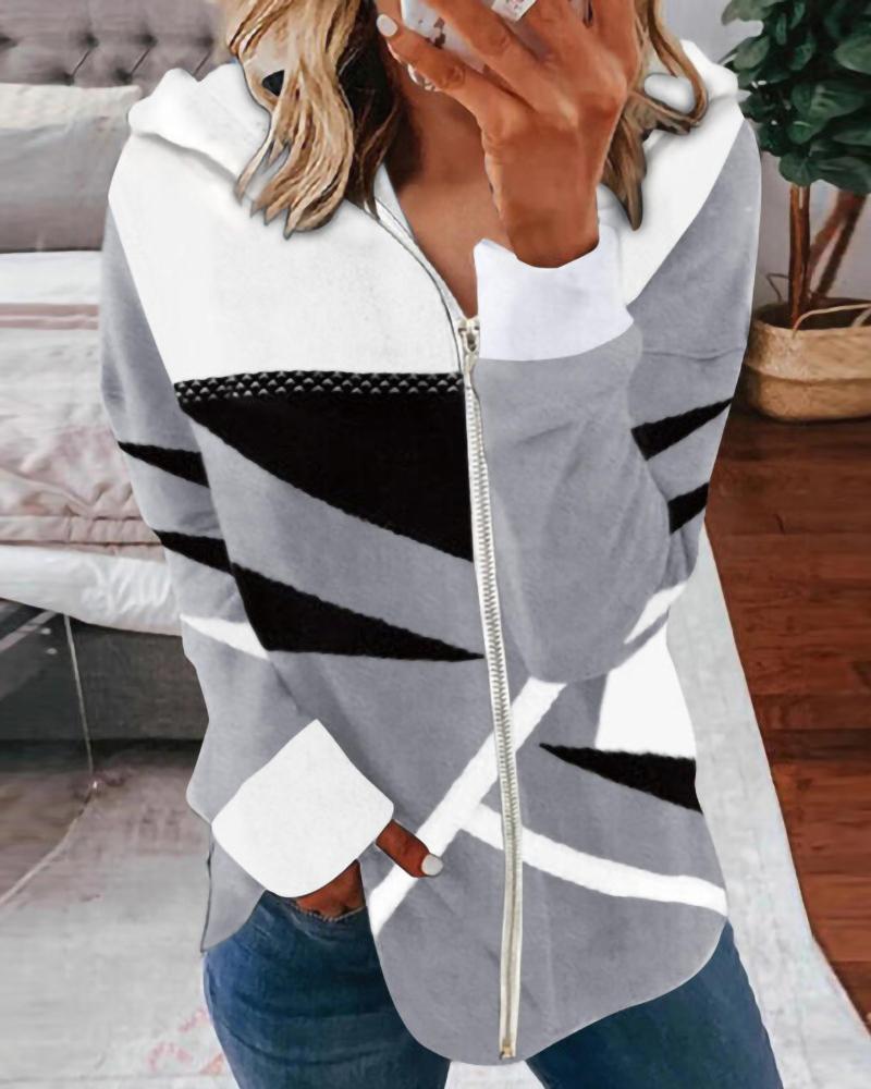 

Geometric Print Zip Front Long Sleeve Hoodie, Gray