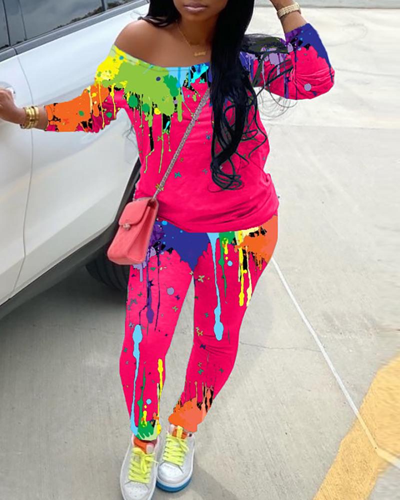 

Doodle Print One Shoulder Top & Fitted Pants Set, Hot pink