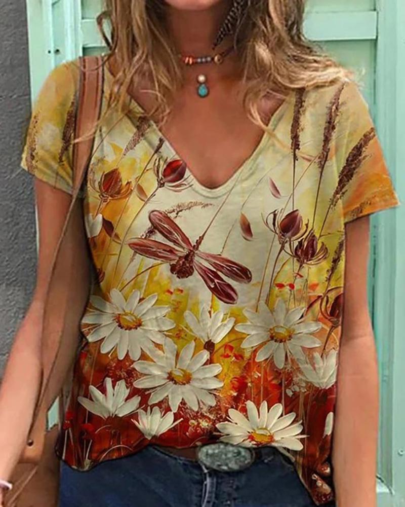 

Floral Print Short Sleeve V Neck Casual T-Shirt, Style7