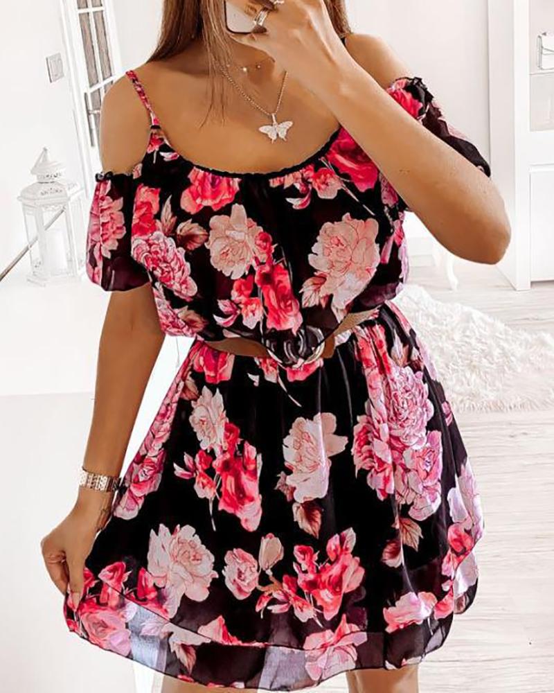 

Cold Shoulder Floral Print Ruched Dress, Black