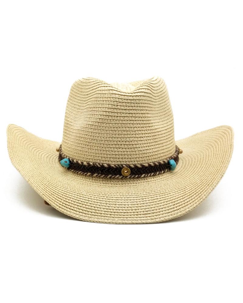 

Turquoise Braided Tape Wide Brim Cowboy Straw Hat, Beige