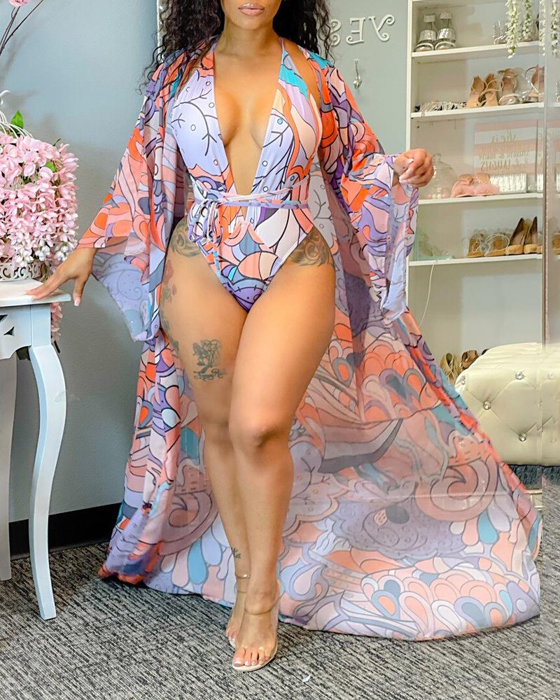 

Graphic Print Backless One-Piece Swimsuit With Cover Up, Multicolor