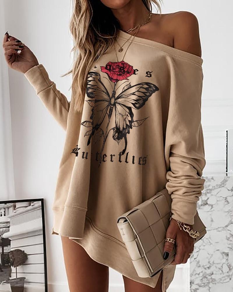 

Butterfly Print Split Hem Long Sleeve Sweatshirt, Khaki
