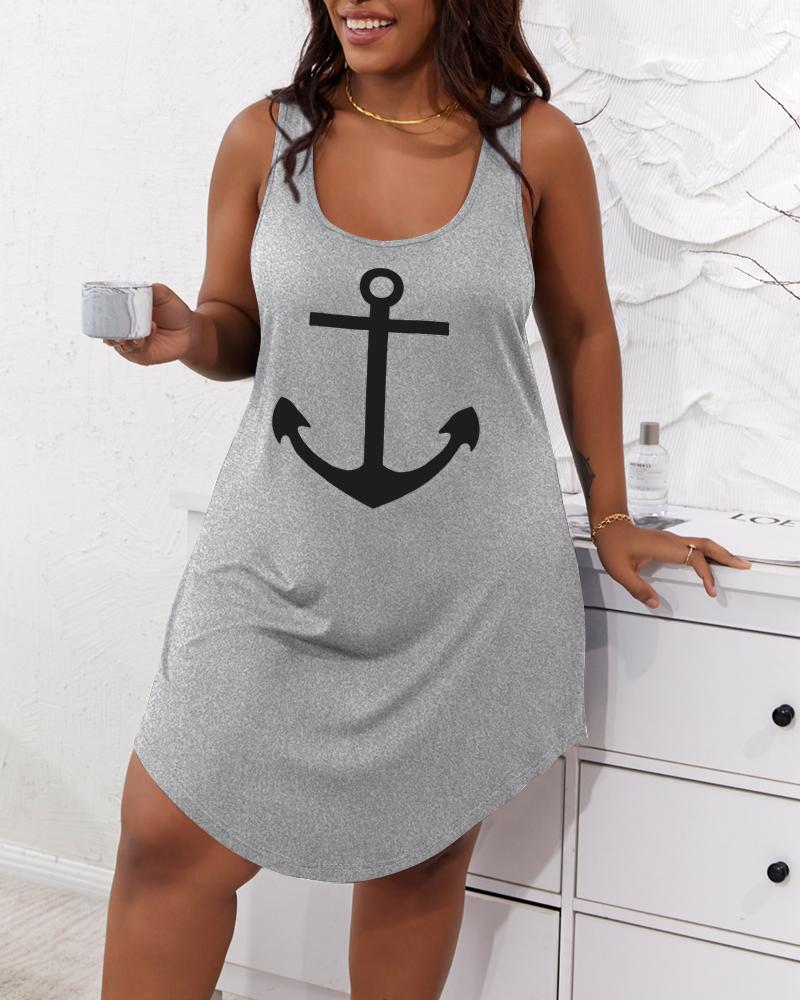 

Plus Size Anchor Print U-Neck Sleep Dress, Gray