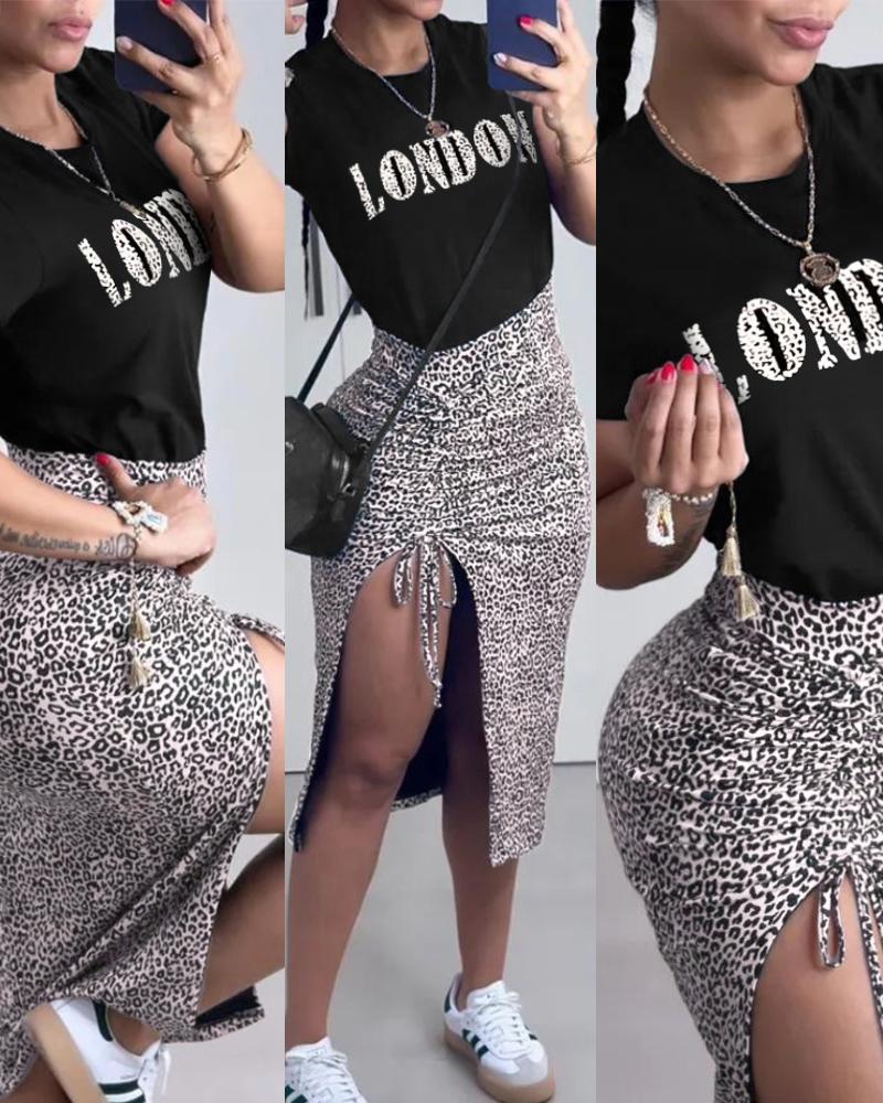 

Leopard Letter Print Top & Drawstring Slit Skirt Set, Black