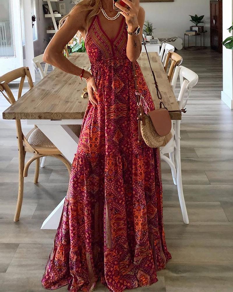 

Scarf Tribal Print Sleeveless Maxi Dress, Red