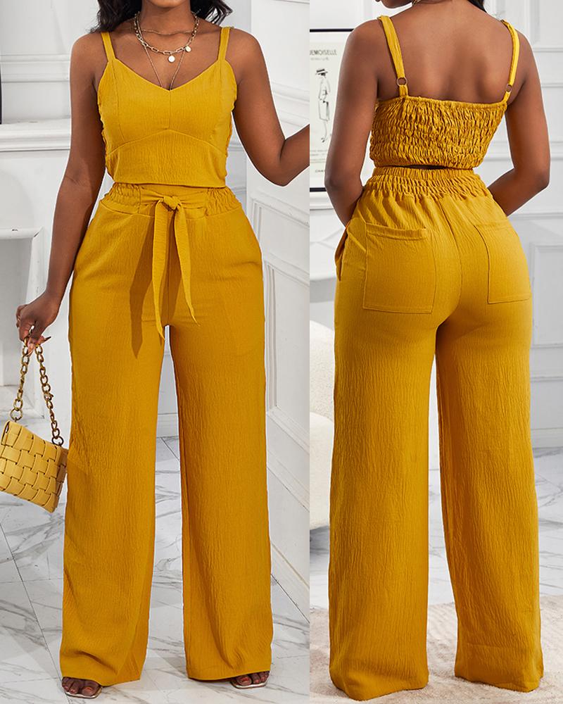 

Shirred Crop Top & Pocket Design Wide Leg Pants Set, Yellow
