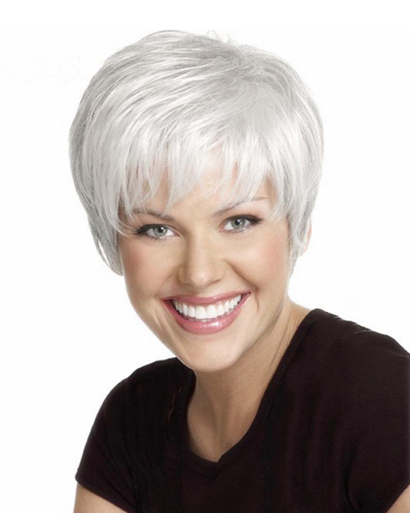 

Human Hair Blend Wig Straight Pixie Cut Short Hairstyles Straight Side Part Silver Grey Wig, White