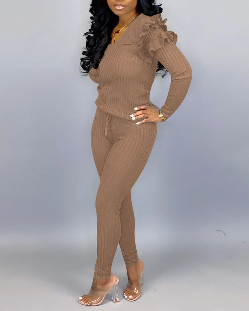 

Frill Hem Long Sleeve Top & Pants Set, Khaki