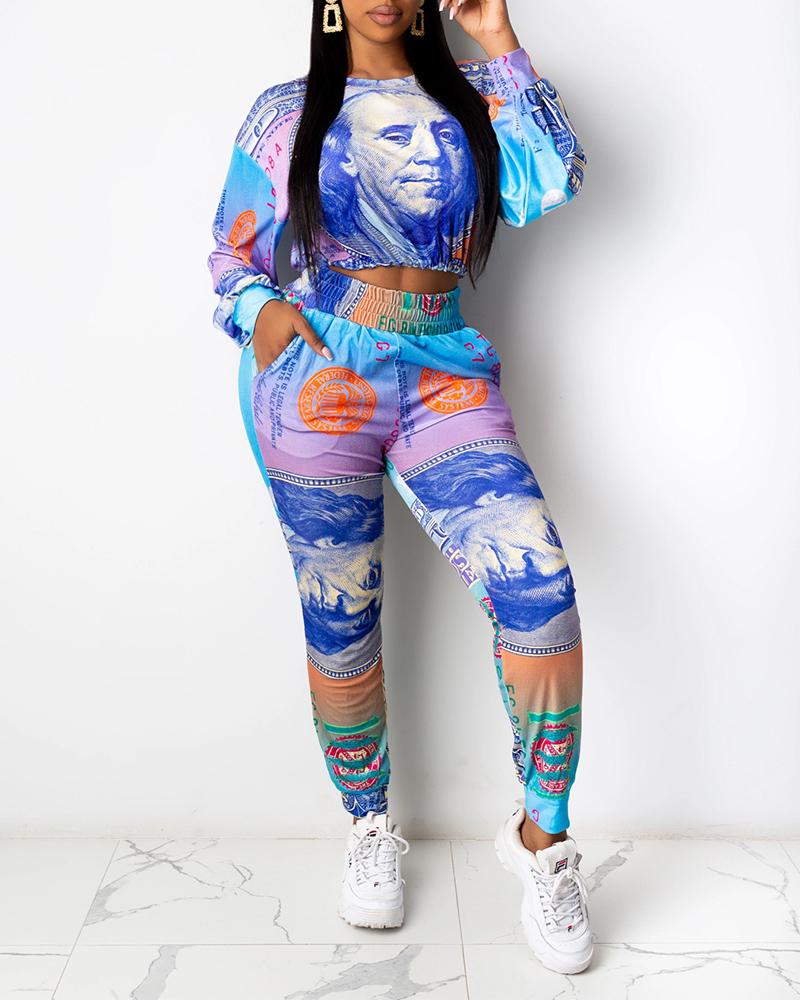 

Dollars Print Long Sleeve Crop Top & High Waist Pants Set, Blue