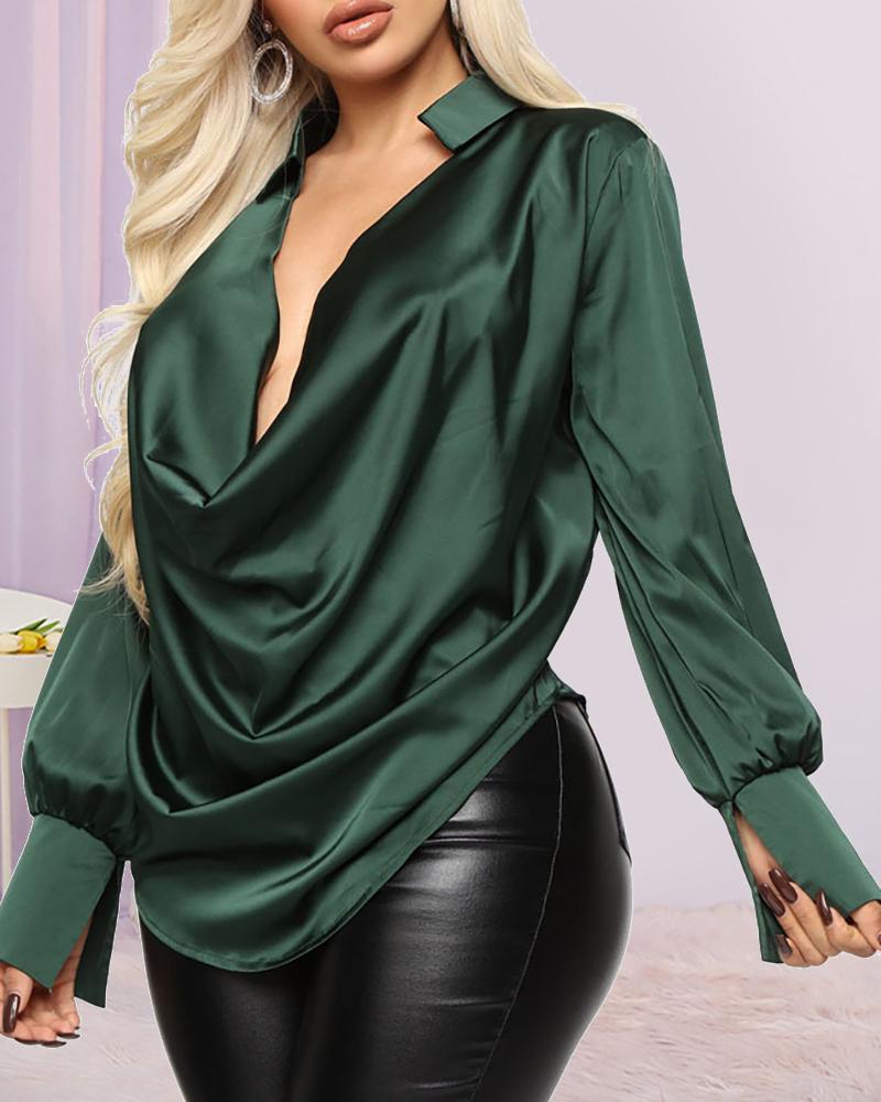 

Plunge Long Sleeve Ruched Satin Shirt, Green