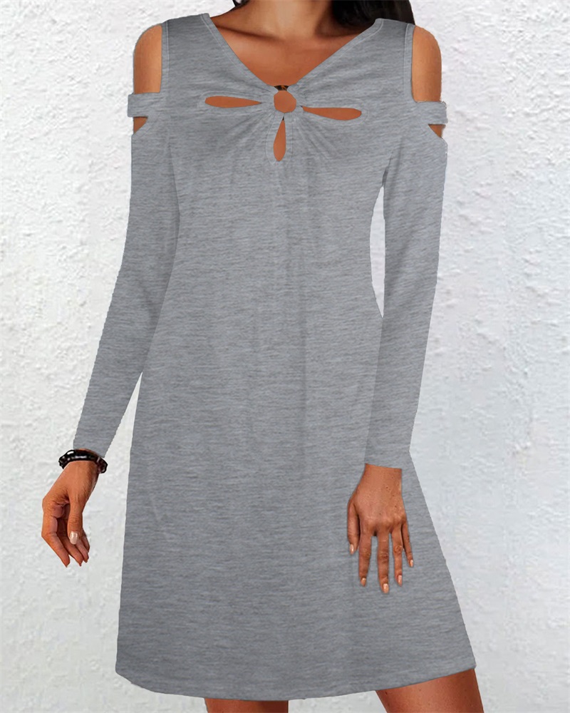 

O-Ring Hollow Out Cold Shoulder Casual Dress, Gray