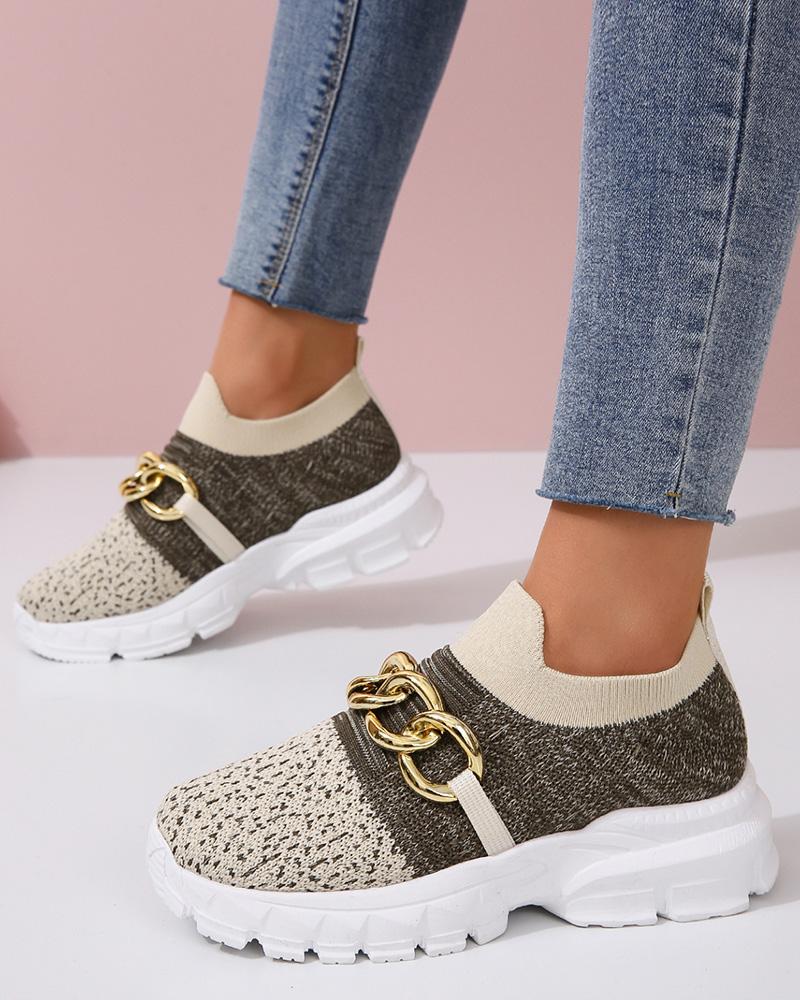 

Colorblock Chain Decor Casual Running Sneakers, Khaki
