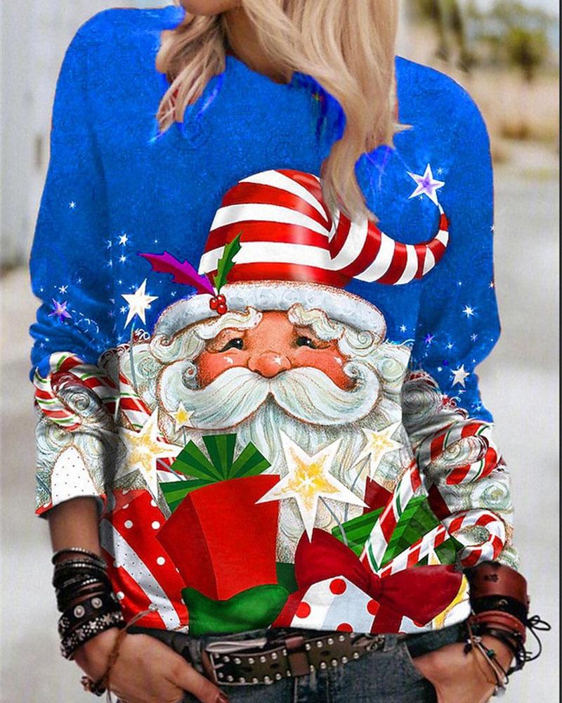 

Christmas Santa Claus Print Long Sleeve Top, Blue