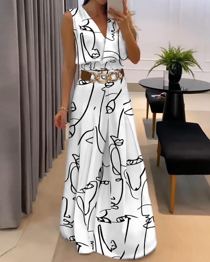 

Abstract Figure Print Wrap Top & Wide Leg Pants Set, Blackwhite